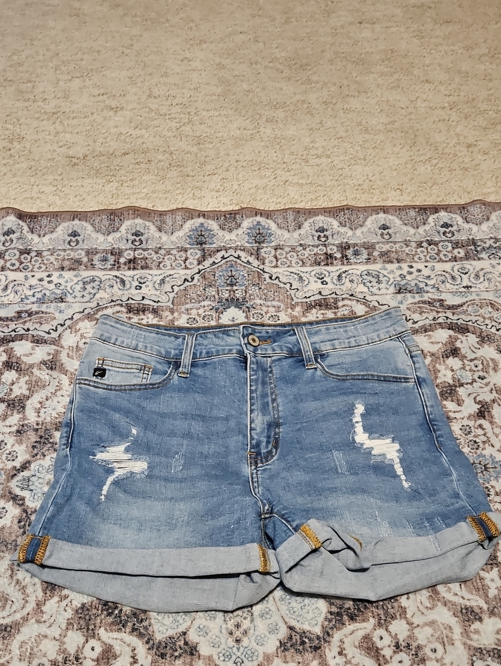 KanCan Distressed Rolled-Hem Denim Shorts - Light Blue